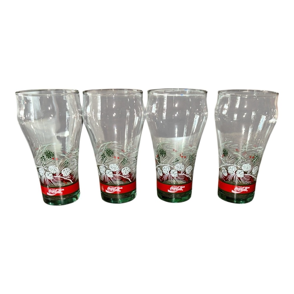 VTG Libbey Coca-Cola Christmas Holiday Pine Cone‎ Set of 4 16oz Drinking Glasses